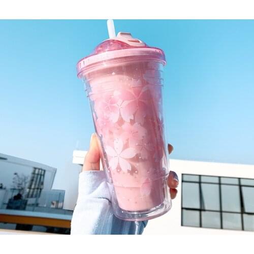 New 500ml Double-walled Ice Cold Drink Coffee Juice Tea Cup Reusable Plastic Iced Tumbler Travel Mug With Straw