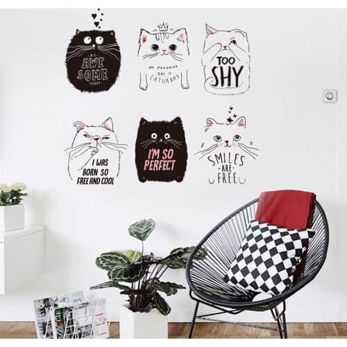 Newest Cute Cat Wall Stickers Fashion Home Decor 6 Pcs Cats Black White Cats Wallpapers DIY Kids Room Decoration