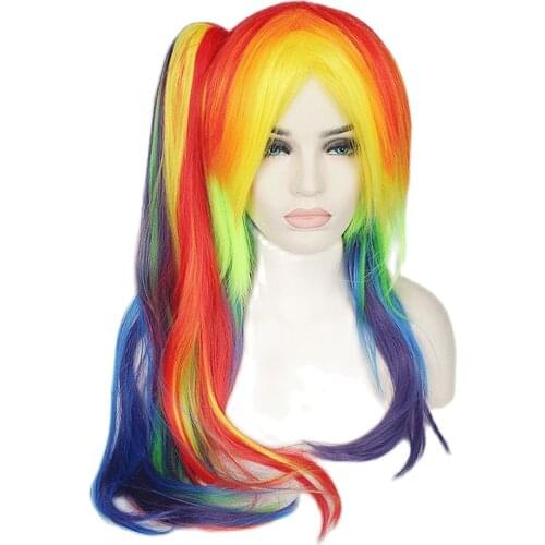 65cm My Little Pony Rainbow Straight Cosplay Wig Synthetic Multi color Women Fake Hair Wigs With Long Ponytail For Christmas
