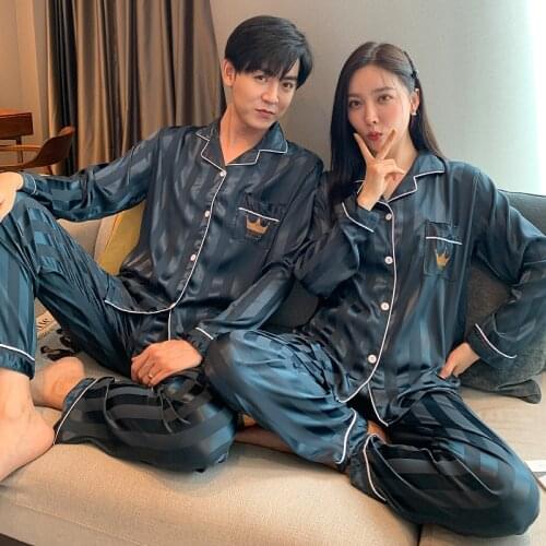 Young Lover Pajamas Fake Silk Women Long Sleeve Autumn Man Pyjama Loose Men Couple Pijama Set Plus Size Man Sleepwear Set Shirt