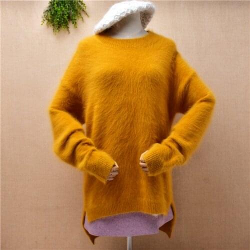Ladies women fashion yellow hairy mink cashmere knitted o-neck split loose pullover angora fur winter jumper sweater pull dress