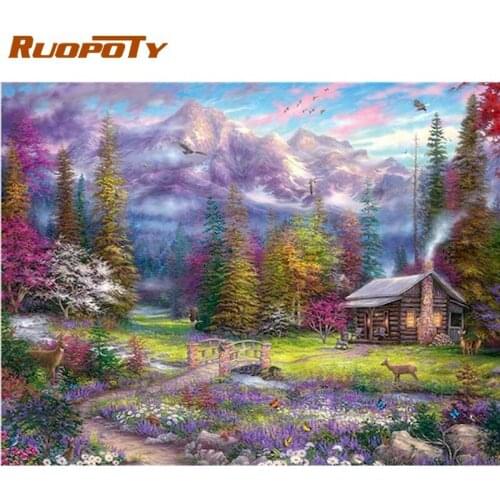 RUOPOTY Oil Painting By Numbers Kits For Adults Children HandPainted Mountain Pink Flower Scenery Picture By Number Wall Art Pho