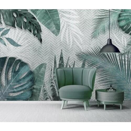 Nordic contracted hand - painted tropical leaves small fresh bedroom background wall decoration wallpaper murals