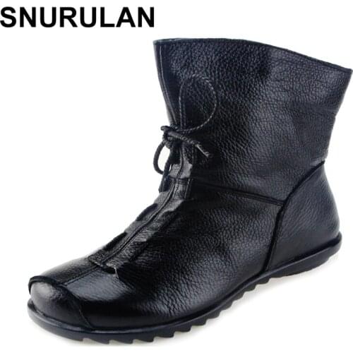 SNURULAN 2017 Women Shoes Vintage Style Genuine Leather Women Boots Flat Booties Soft Womens Shoes Ankle Boots hidden heel