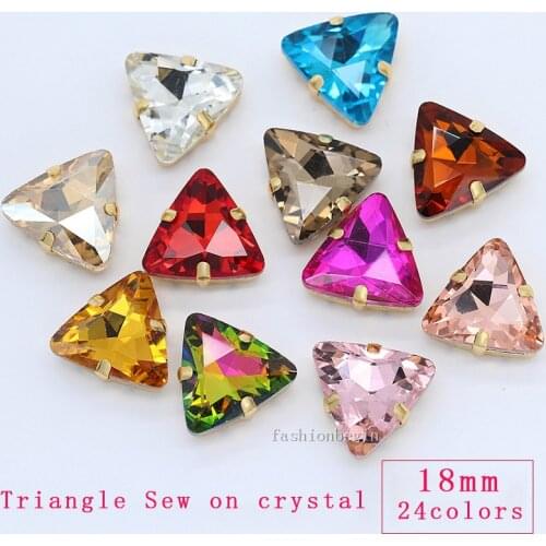 9p 18mm triangle color sew on crystal strass stones faceted glass rhinestones gold claw jewels dancing/wedding dress DIY crafts