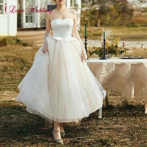 A-Line Elegant Vintage Wedding Dresses Strapless Sleeveless Ankle Length Tulle with Tier Pokla Dot Engagement Celebrity Dress