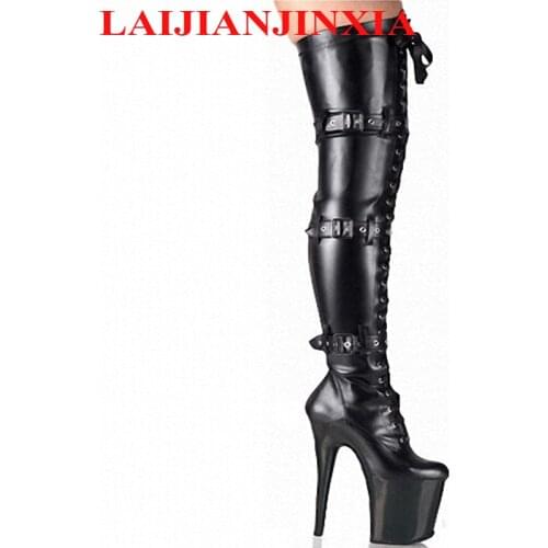 LAIJIANJINXIA 10CM Platform High-Heeled Shoes Tall Boots Buckle Strap Round Toe Boots Dancer Sexy 8 Inch Buckle Thigh High Boots