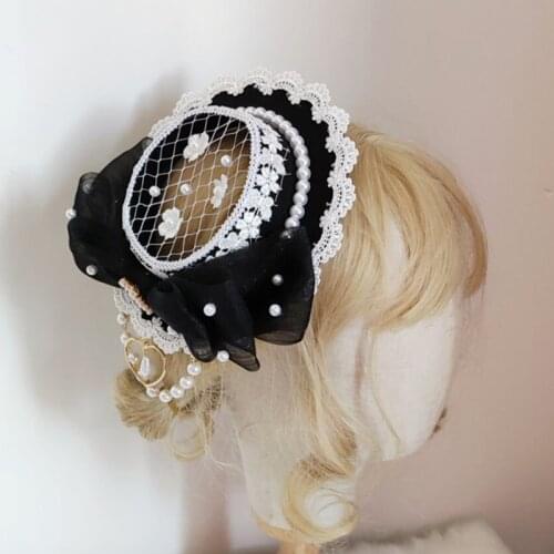 4 Colors Lolita Pearl Pendant Lace Bow Net Yarn Bowler Hat Vintage Lightweight Soft Anime Cosplay Tea Party Girls Hairpin