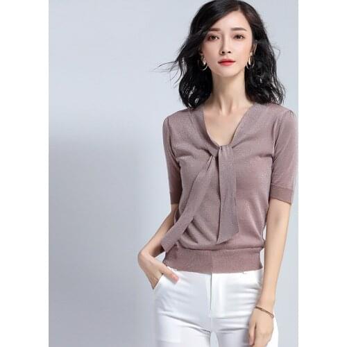 2021 Women Bright Ice Silk T Shirt Solid Color Short Sleeve V Neck with Bow Ribbon Knitted Tops Summer Thin Short Sleeve