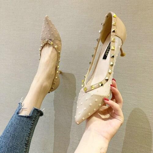 2021 New Summer Pointed High-heeled Ladies Single Shoes Sexy Wild Shallow Rivet Mesh Womens Shoes