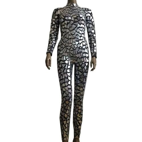 New Style Sparkly Silver Mirrors Jumpsuit Women Long Dress Birthday Celebrate Black Dress Bar Women Singer Dancer Evening Outfit