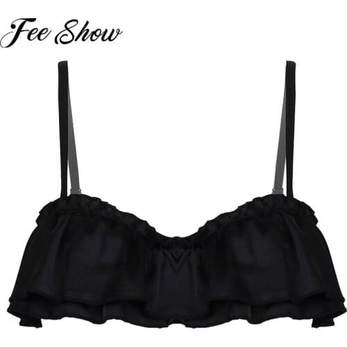Women Silky Satin Wire-free Bra Underwear Adjustable Spaghetti Straps Double Layers Ruffled Bra Top Lingerie Party Nightwear