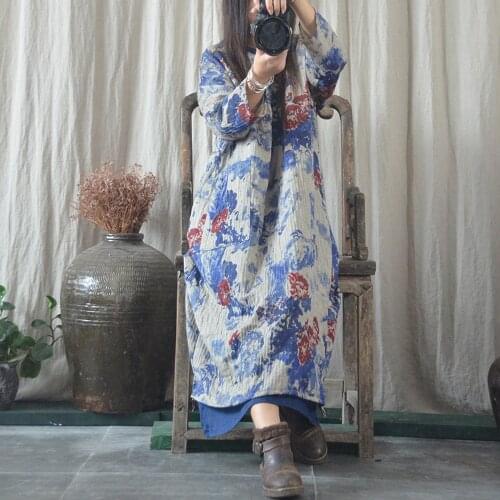 Women Autumn Printed Robe Dress Ladies Print Retro Vintage Cotton Linen Dress V neck Casual Chinese Style Dresses
