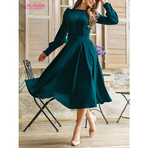 S.FLAVOR Women Vintage Solid Color Winter Dress Elegant Green Long Sleeve Pleated Midi Vestidos 2021 Autumn Casual Dresses