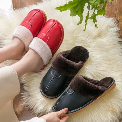 Couples Winter PU Indoor Slippers Anti-Slip Thick Sole Womens Warm Home Slippers Comfortable Household Shoes