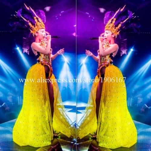 Gold Woman Party Dress Stage Dance Performance Costumes Party Evening Dress Wears Catwalk Show Bodysuit Halloween Clothes