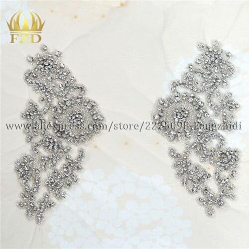 1 Pair Large Rhinestones Sewing on Patch Crystal Beaded Iron On Beaded Applique Rhinestone Trim for Wedding Bridal Dress Clothes