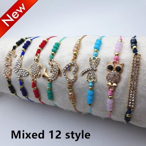 12pcs/set rhinestone bracelet wholesale mixed styles animal shaped charms dolphin turtle love heart glass faced beads adjustable