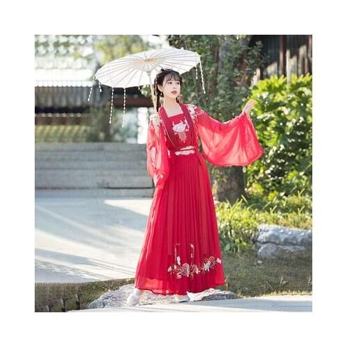 2021 chinese style red hanfu costumes dresses for woman stage wear folk dance robe hanfu tang suit floral embroidery hanfu dress