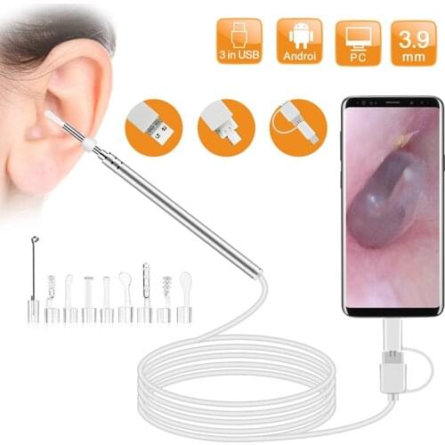 3.9mm 3in1 USB Otoscope Ear Cleaner HD 1.0MP Ear Camera Borescope Inspection Earwax Removal Tool with 6 LED For Android PC