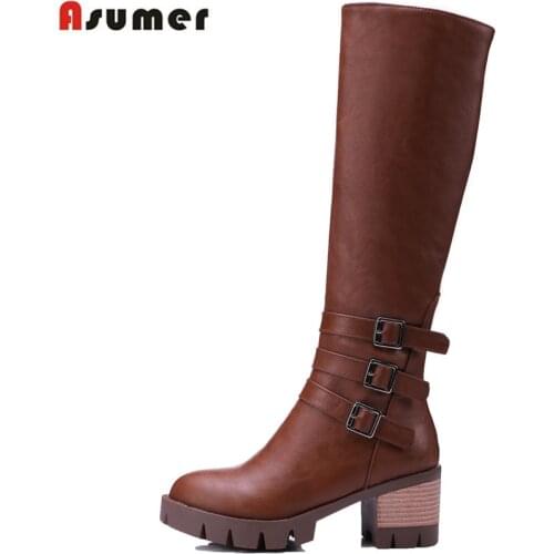 ASUMER big size 34-43 fashion knee boots round toe zip buckle square heel shoes woman autumn winter boots women high booties