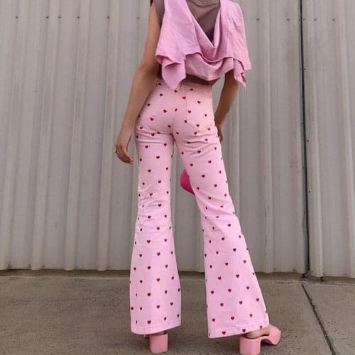 Women Harajuku Y2K Pink Pants Heart Printed Sweet Trousers Vintage Aesthetic Party Pants Pockets Joggers Outfits New Streetwear
