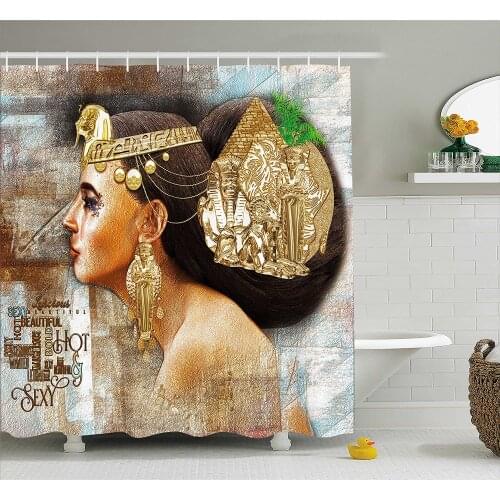 Egyptian Shower Curtain Woman Queen Cleopatra Profile Historical Art Scene with Ancient Pyramid Sphinx Waterproof Bath Curtains