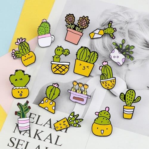 Potted Plant Enamel Pins Cartoon Lovely Cactus Sunflower Brooch Shirt Bag Jackets Hat Lapel Pin Badge Jewelry Gift Kids Friends