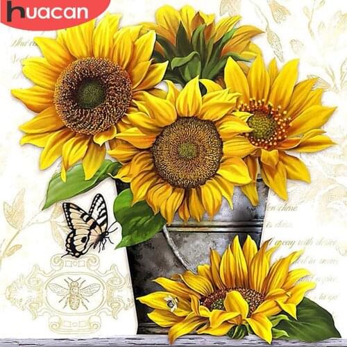 HUACAN Diamond Painting New Arrival Sunflower Wall Stickers Mosaic Vase Floral Embroidery Butterfly Home Decor