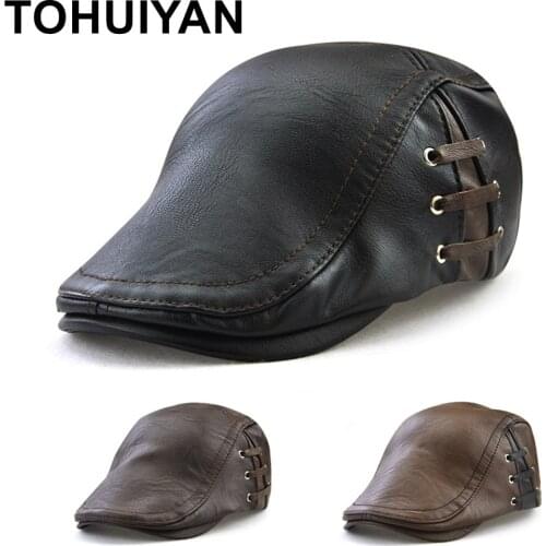 TOHUIYAN Leather Newsboy Hat For Men Winter Warm Beret Cap British Gentleman Boina Gorras Planas Flat Caps Male Retro Gatsby Hat