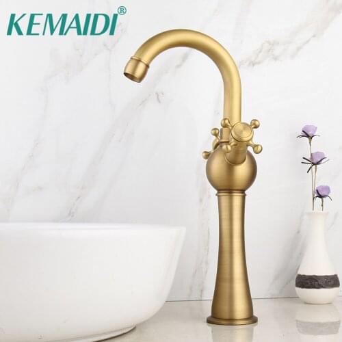 KEMAIDI Antique Brass Bathroom Basin Faucet Hot Cold Faucets Bathroom Deck Mounted Tap Washing Sink Tall Counter Top Mixer Tap