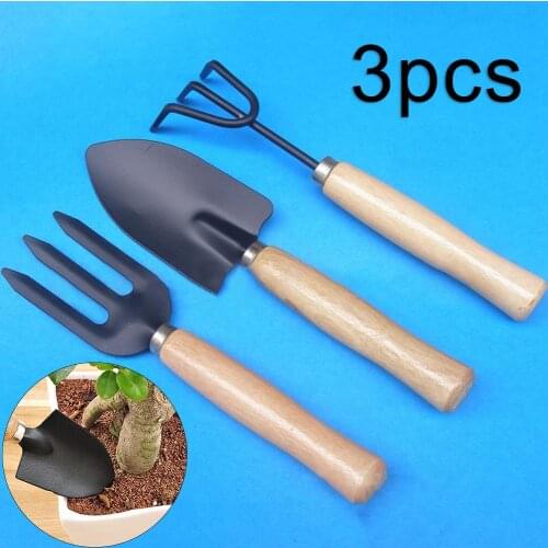 3Pcs Mini Wood Handle Flower Planting Potted Plants Iron Shovel Rake Spade Gardening Hand Tools Garden Supplies