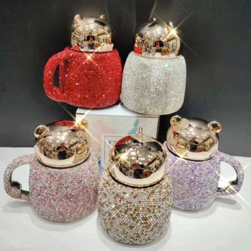 Cartoon Bear Crystal Diamond Mug Ceramic With Lid Handle Handmade Porcelain Coffee Cup Drinkware Tools Children Student Wedding