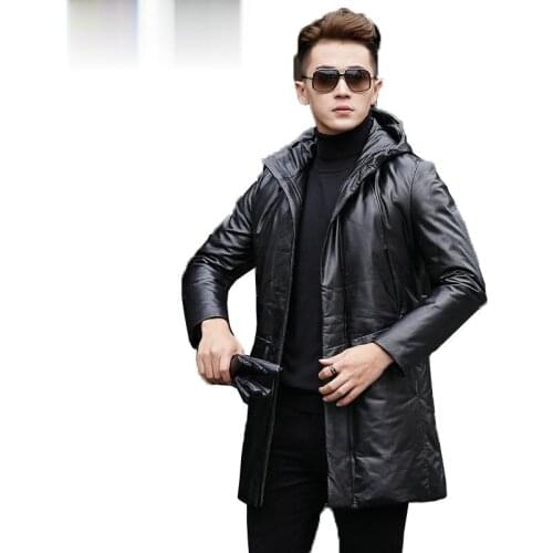 Genuine Sheepskin Leather Autumn Winter Men Down Jacket Long Coat Jackets Veste En Cuir Homme YY103AB B214A9