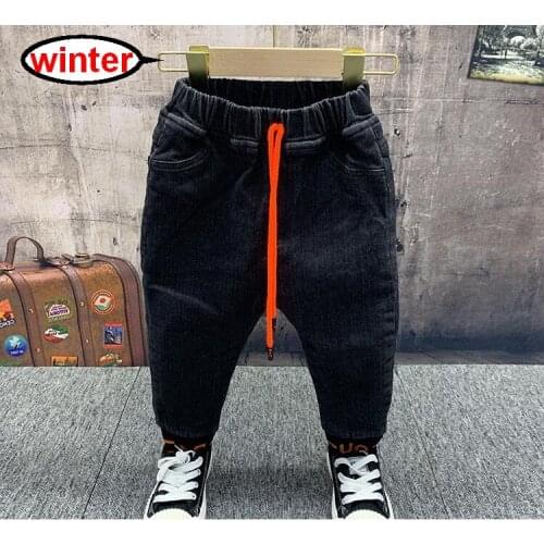 New Boys Jeans Winter Children Embroidery Warm Thermal Cotton-padded Trousers Kids Thicken Plus Velvet Denim Pants 2-6YEARS
