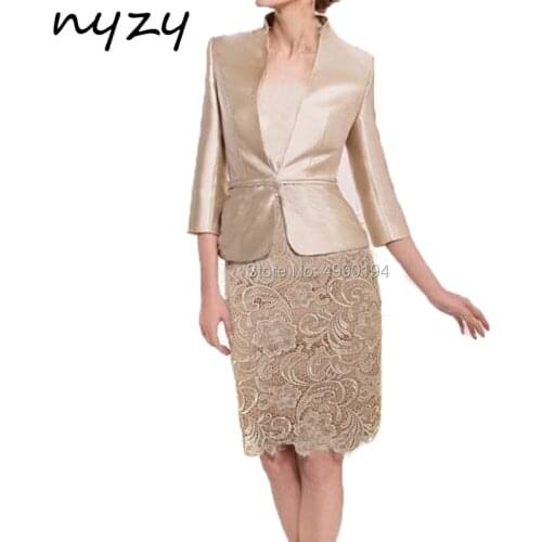 NYZY M50 2019 Mother Of The Bride Dresses with Jacket Champagne Sheath Lace 2 Piece Mother Outfits For Wedding Party Guest Wear