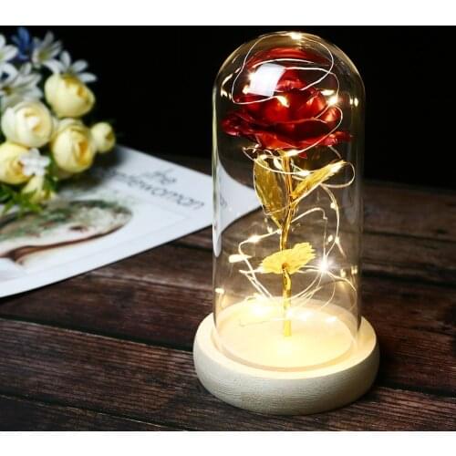 Beauty And The Beast Enchanted LED Red Rose Glass Dome Lighted Home Decor Gifts A Wooden Base For Valentines Gifts LED Rose