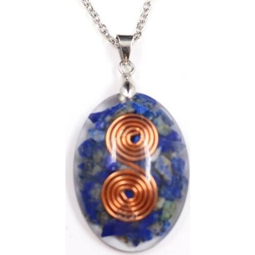 FYSL Copper Wire Wrap Oval Shape Lapis Lazuli Pendant Orgonite Necklace Fluorite Stone and Resin Jewelry