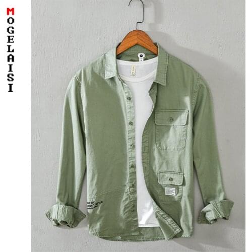 Men Casual shirt solid 100% cotton high quality tops new 2021 spring soft green shirts Breathable clothing chemise homme 1235