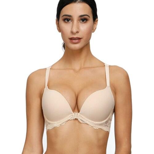 YANDW Sexy Women Bra Front Close Thin 1/2 Push Up Strength Y Straps Lace Underwire EU US CA UK 30 32 34 36 38 40 42 44 A B C D E
