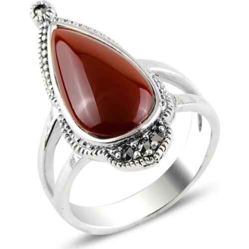Silver 925 Sterling Agate & Marcasite Ring