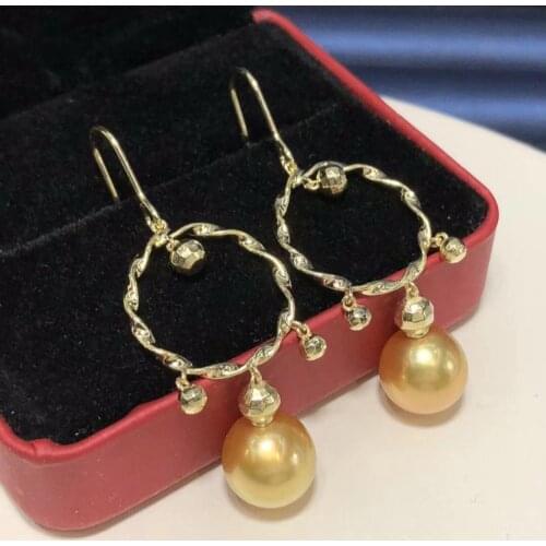 D429 Pearl Earrings Fine Jewelry 925 Sterling Silver Round 9-10mm Natural Fresh Water Golden Pearls Drop Dangle Earrings