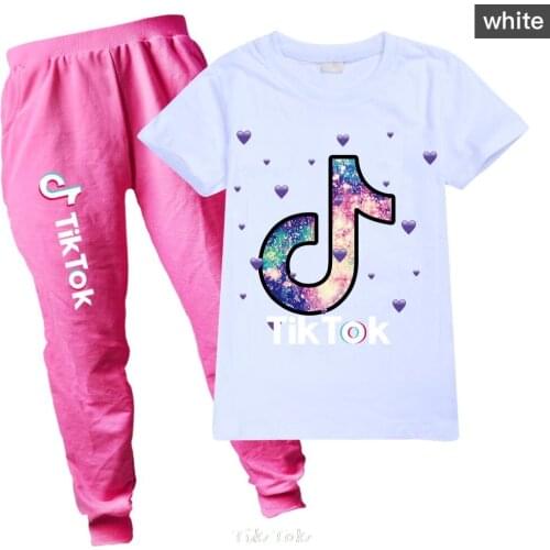 Tik Tok Cartoon Girls Sets Short Sleeve Tracksuit For 2-15 Years old Girls Clothes Sport Suit Kids Clothes Sets