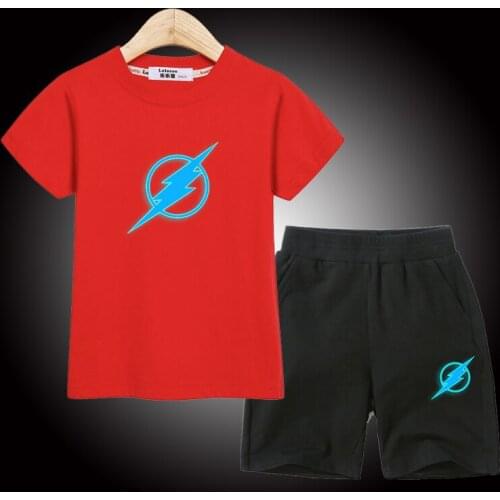 2pcs Set Boys Luminous Costume Casual Shorts Thin Cotton T-shirt Kid Suit 3-14T Boy Short Sleeve Anime Clothing
