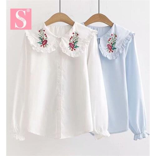 STVY 2020 Newest Spring Autumn Women Blouse Cute Doll Collar Rose Flower Embroidery Shirts Ladies Long Sleeve Slim Cotton Tops