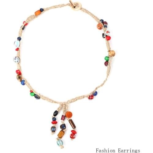 Bohemia Style Women Neck Chain Handmade Ceramics Beads Hemp Rope Beaded Vintage Clavicle chain Fashion Jewelry Accessories