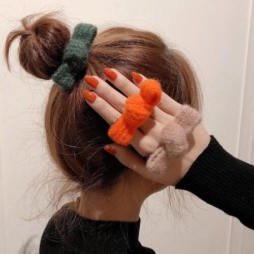 QCOOLJLY New Wool Bow Hair Rope Knitted Handmade Head Rope Korean Style Hair Clip Barrettes Women Girls Headwear Hair Accessori