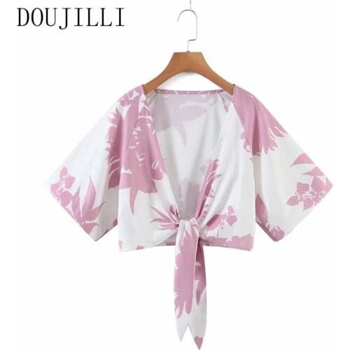 DOUJILI Women Pink Leaves Print Tops Summer Blouse Bow Short Sleeve Fashion Female Tops Casual Wearing
