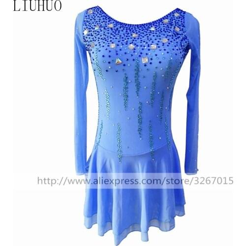 Figure Skating Dress Womens Girls' Ice Skating Dress Sky Blue Round neck long sleeve Exquisite diamonds High-grade elastic mesh