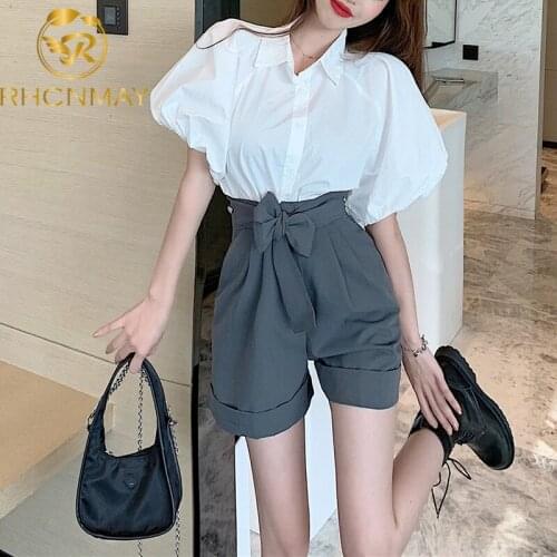 2021 Summer New office Womens Suit Bubble Sleeve Shirt Top Lapel Short Sleeve Design Wide Leg Shorts With Belt